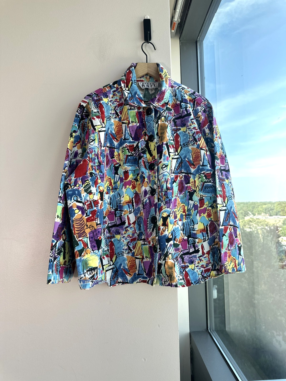 Vintage Keren Hart Cotton Colorful Abstrat Art To Wear Button Up Jacket Sz 1X